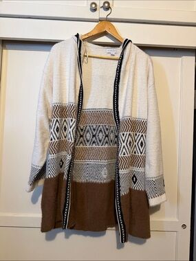 Hooded Open Aztec Knit Cardigan - Cream & Brown